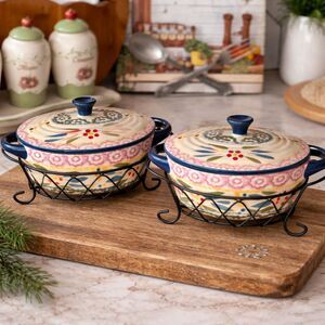 Polish Pottery Mini Casserole Dish Set Iron Stands Hand Painted Stoneware